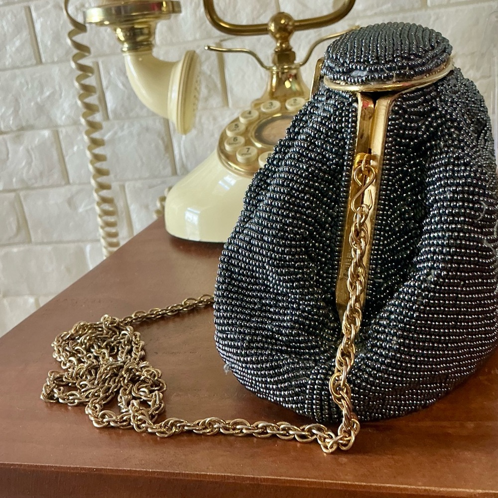 Vintage Nina Ricci Paris Pewter Beaded Evening Bag Gold-Tone Metal Clasp Frame - Picture 6 of 13